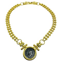 Vintage gold tone chain silver tone etruscan byzantine coin replica necklace
