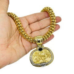 Vintage gold silver tone etruscan roman massive pendant chain necklace