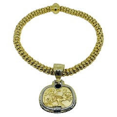 Vintage gold silver tone etruscan roman massive pendant chain necklace