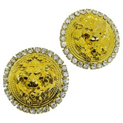 Vintage gold tone rhinestones huge lion head designer runway clip on earrings