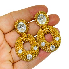 SWAROVSKI swan signed vintage gold plated crystal door knocker designer earrings