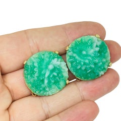 Boucles d'oreilles à clip de créateur CINER, en verre moulé couleur or vintage, motif floral, vert jade