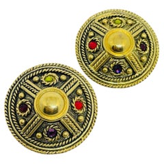 Boucles d'oreilles à clip vintage, couleur or, ornées de strass colorés, de style étrusque