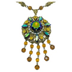 WESTERN GERMANY gold tone aurora rhinestones crystal beads pearls chain necklace
