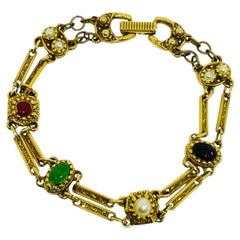 GOLDETTE signed vintage gold tone faux jade carnelian pearls designer bracelet