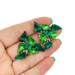 Vintage gold tone emerald green rhinestones designer clip on earrings