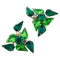 Vintage gold tone emerald green rhinestones designer clip on earrings