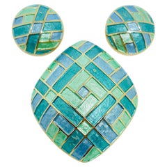 KRAMER signed vintage  gold tone blue enamel designer clip earrings brooch set