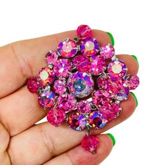 WEISS Vintage-Brosche im Silberton mit rosa Strasssteinen und Kristallen im AB-Look