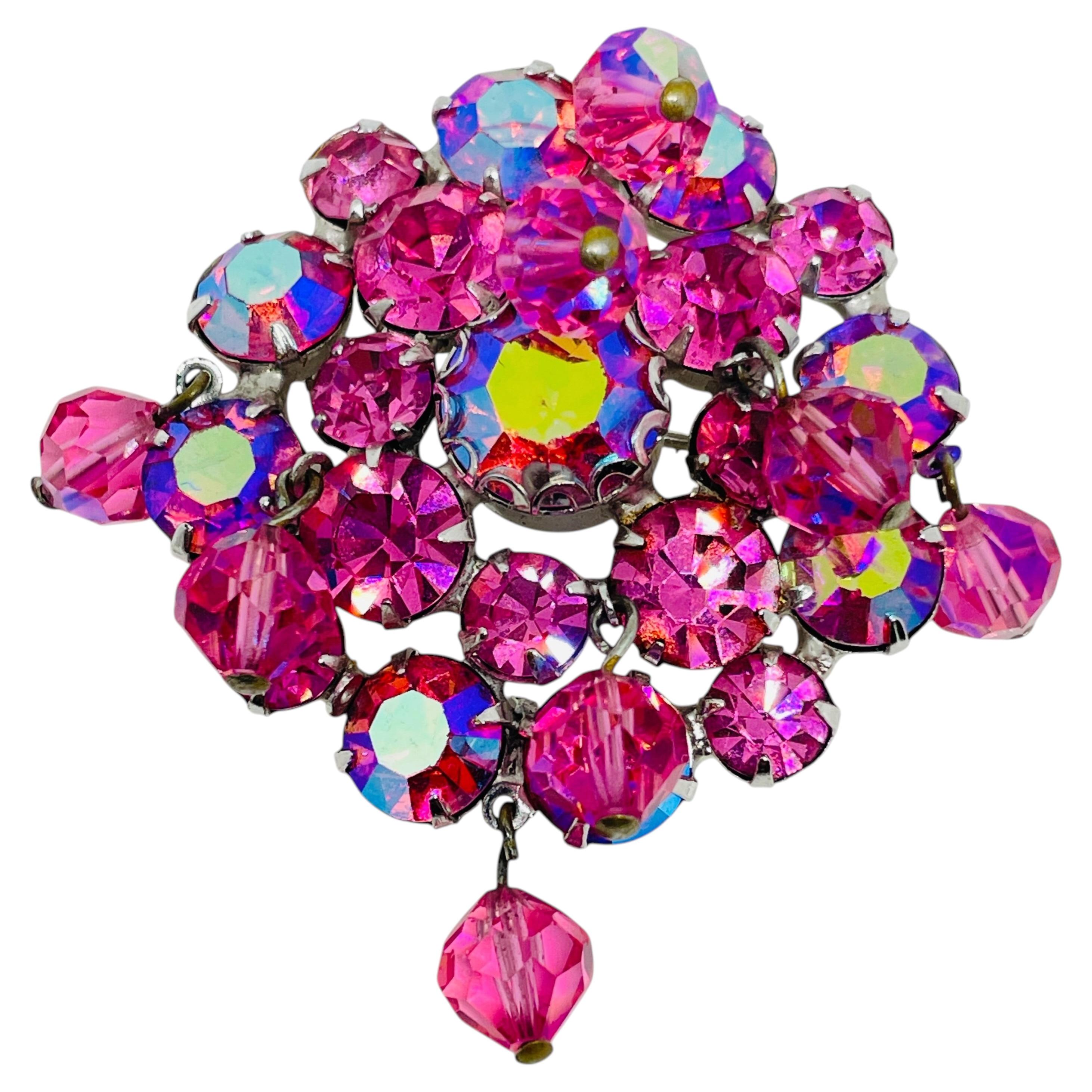 Pre-owned Weiss Vintage Silver Tone Pink Ab Rhinestones Dangle Crystals Designer Brooch