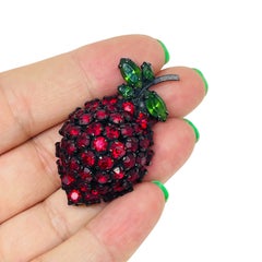 WARNER signed vintage gunmetal red green rhinestones designer fruit brooch