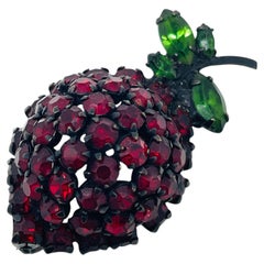 WARNER signed vintage gunmetal red green rhinestones designer fruit brooch