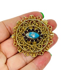 Vintage WESTERN GERMANY gold tone faux turquoise rhinestones designer brooch
