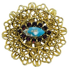 Vintage WESTERN GERMANY gold tone faux turquoise rhinestones designer brooch