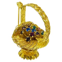 Vintage gold tone rhinestones flower basket designer brooch