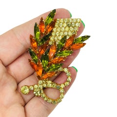 Vintage gold tone orange green rhinestones leaf designer brooch