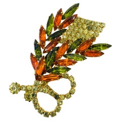 Vintage gold tone orange green rhinestones leaf designer brooch