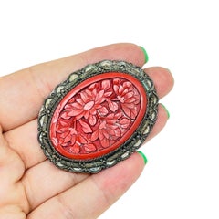 Vintage 1930's marked CHINA silver tone carved cinnabar flower brooch pendant