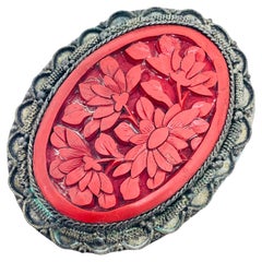 Vintage 1930's marked CHINA silver tone carved cinnabar flower brooch pendant