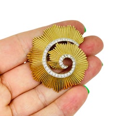 TRIFARI crown signed vintage gold tone rhinestones swirl designer brooch