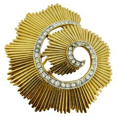 TRIFARI crown signed vintage gold tone rhinestones swirl designer brooch
