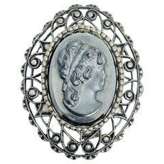 Vintage WESTERN GERMANY silver tone glass cameo designer brooch