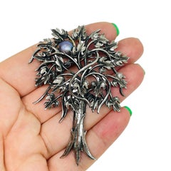 Vintage silver tone tree faux peacock pearl large designer brooch