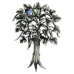 Vintage silver tone tree faux peacock pearl large designer brooch