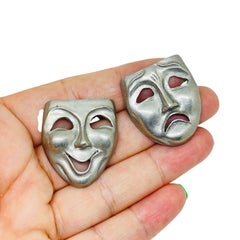 SEAGUL 1988 pewter Canada signed vintage happy sad mask silver tone earrings