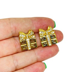 GIVENCHY signed vintage gold plated crystals present designer pierced earrings