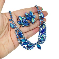 Vintage silver tone blue ab navette rhinestones designer necklace earrings set
