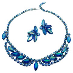 Vintage silver tone blue ab navette rhinestones designer necklace earrings set