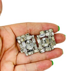 Vintage silver tone rhinestones designer clip on earrings