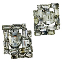 Vintage silver tone rhinestones designer clip on earrings