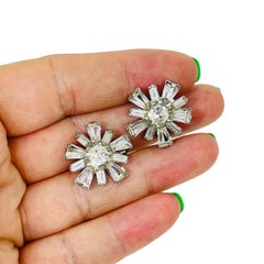B DAVID signed vintage silver tone rhinestones flower designer clip on earrings