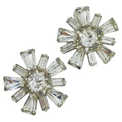 B DAVID signed vintage silver tone rhinestones flower designer clip on earrings