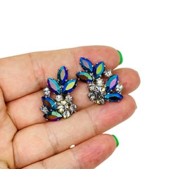 WEST GERMANY signed vintage silver tone rhinestones designer clip on earrings