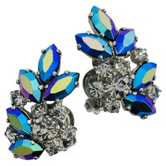 WEST GERMANY signed vintage silver tone rhinestones designer clip on earrings