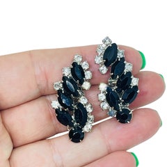 Vintage silver tone black rhinestones designer clip on earrings