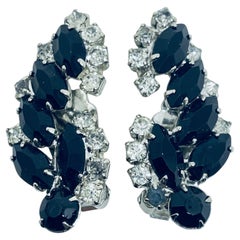 Vintage silver tone black rhinestones designer clip on earrings