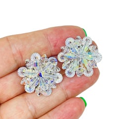 Vintage silver tone aurora crystals designer clip on earrings