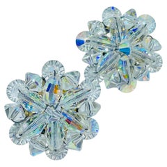 Vintage silver tone aurora crystals designer clip on earrings