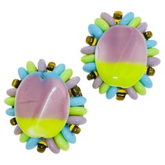 WESTERN GERMANY signed vintage gold tone glass beads designer clip on earrings