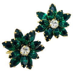 Vintage gold tone emerald green crystals flower designer clip on earrings