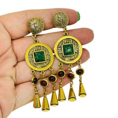 Vintage gold tone Asian style coin faux gems dangle designer clip on earrings