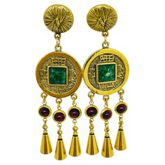 Vintage gold tone Asian style coin faux gems dangle designer clip on earrings