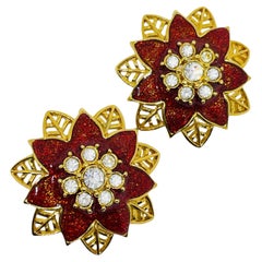 Pendientes de clip de diseño AVON vintage con flor de strass, esmaltados en rojo y con acabado dorado
