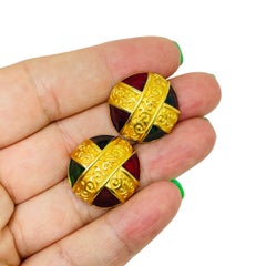 Vintage ANNE KLEIN gold tone enamel etruscan cross designer pierced earrings