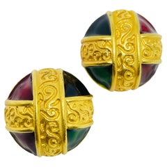 Vintage ANNE KLEIN gold tone enamel etruscan cross designer pierced earrings