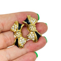 SWQAROVSKI swan vintage gold plated enamel crystals bow designer clip earrings